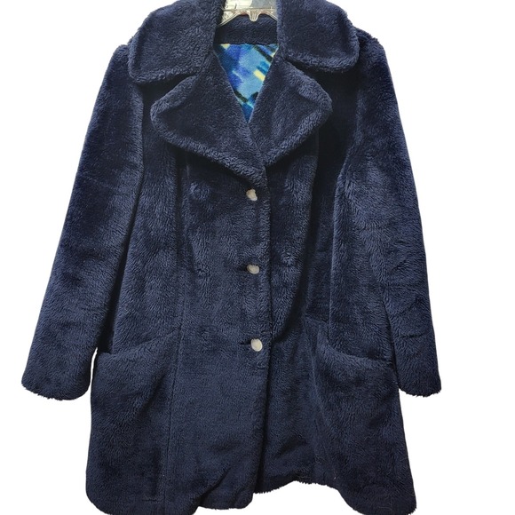 Vtg 70s Sears Fashion Blue Plush Faux Fur Coat Colorful Geometric Lining Med - Picture 1 of 12